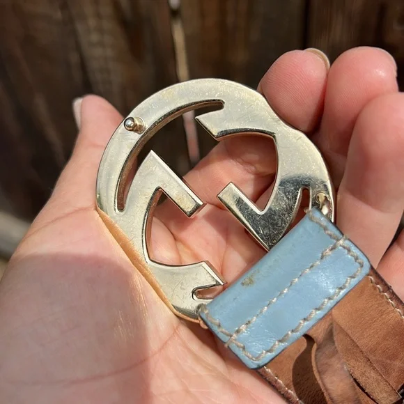 Gucci Multicolor Stripe Canvas and Leather Interlocking G Buckle Belt . Size 36 - Picture 14 of 17